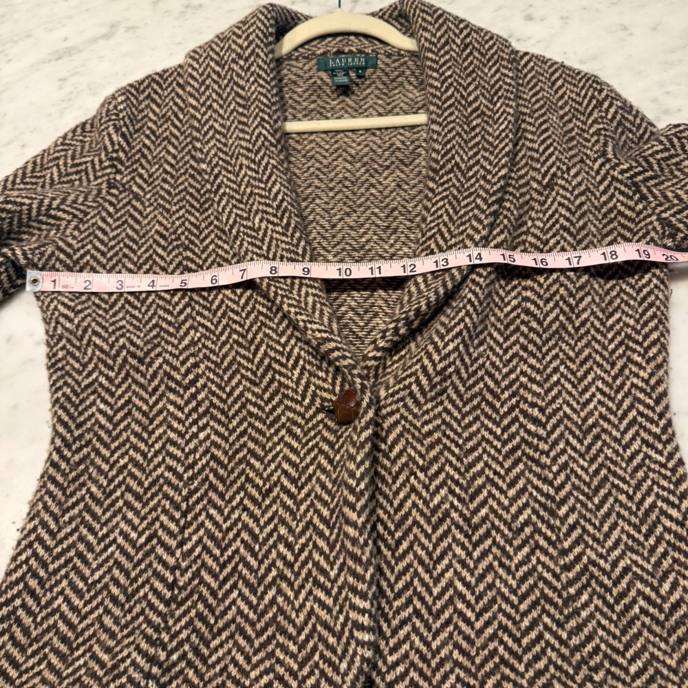 Lauren Ralph Lauren Wool Cashmere Herringbone Shawl Cardigan Brown M - Picture 5 of 8